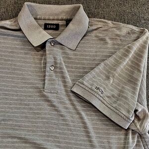IZOD Men's Large, Short Sleeve Polo Shirt Grey Stripes Logo on Sleeve